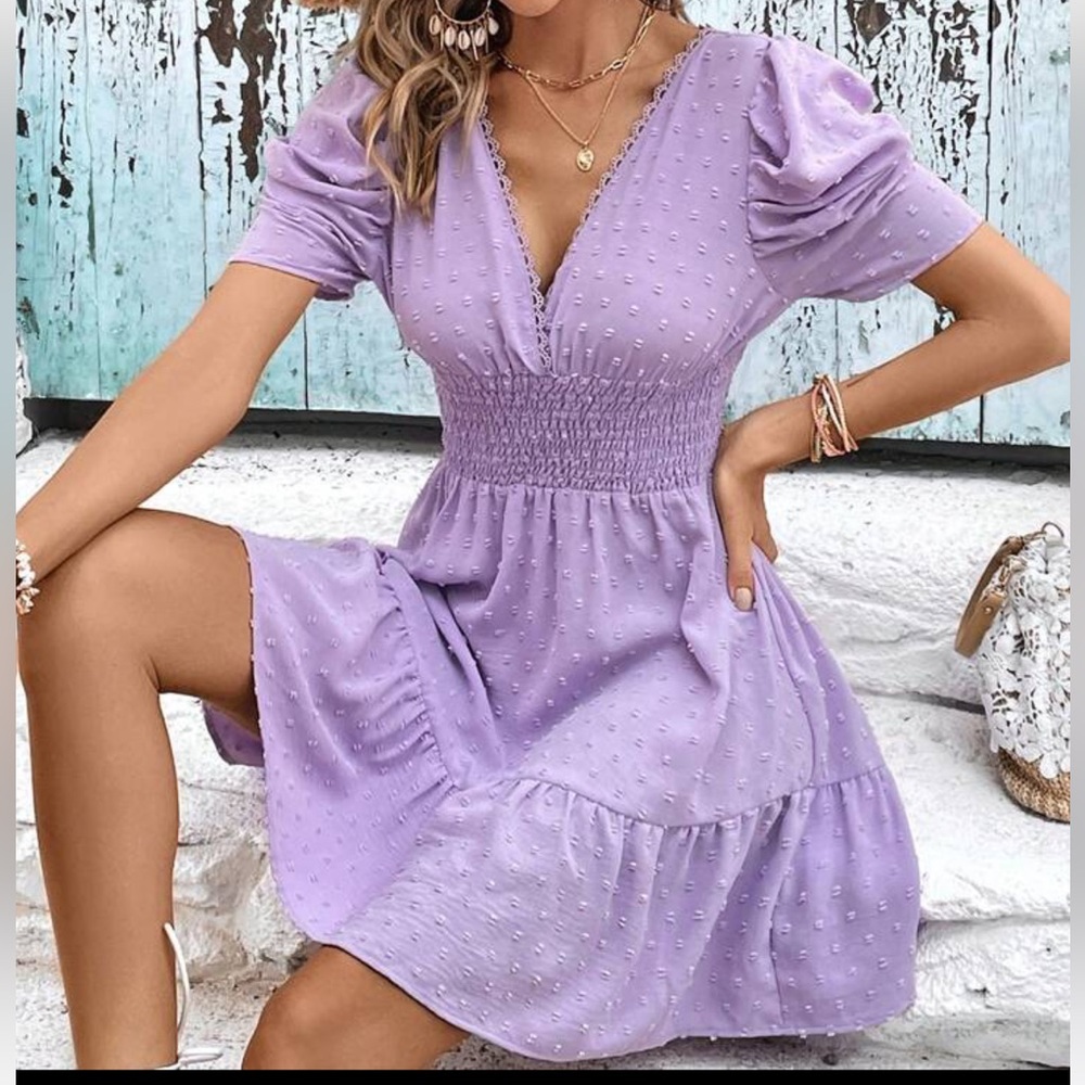 SHEIN VCAY Swiss Dot Puff Sleeve
Shirred Waist Ruffle Hem Dress XL